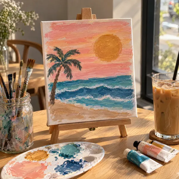 A small canvas on a tabletop easel with a simple painted sunset, palm tree and waves, next to an iced coffee