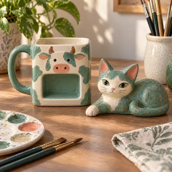 A square ceramic mug hand-painted like a cow and a lying cat figurine painted sea green, on a café table with brushes and a palette