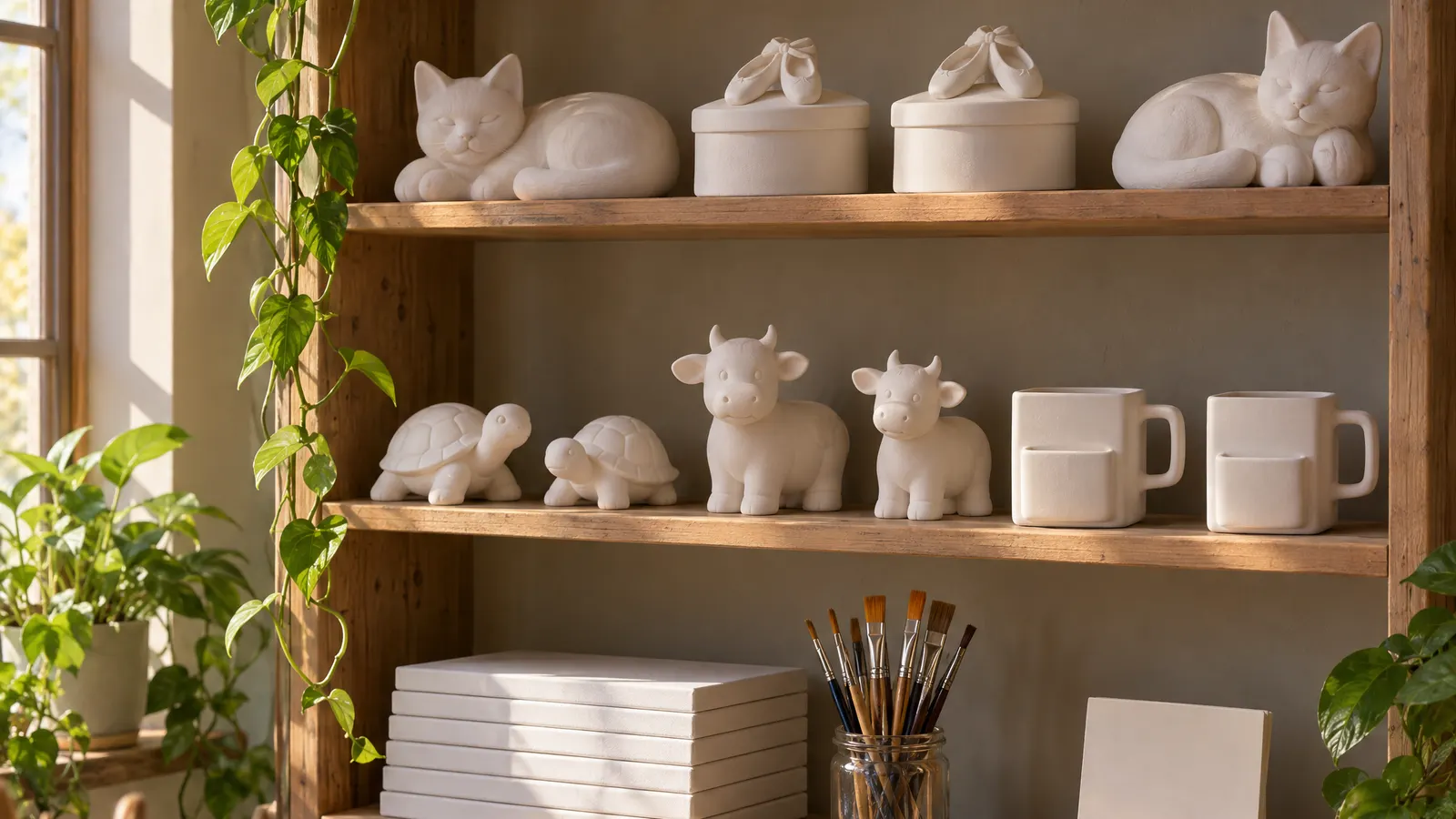 A wooden display shelf in a sunny café stocked with unpainted white ceramic cats, turtles, cows, keepsake boxes, square mugs, blank canvases and a jar of brushes