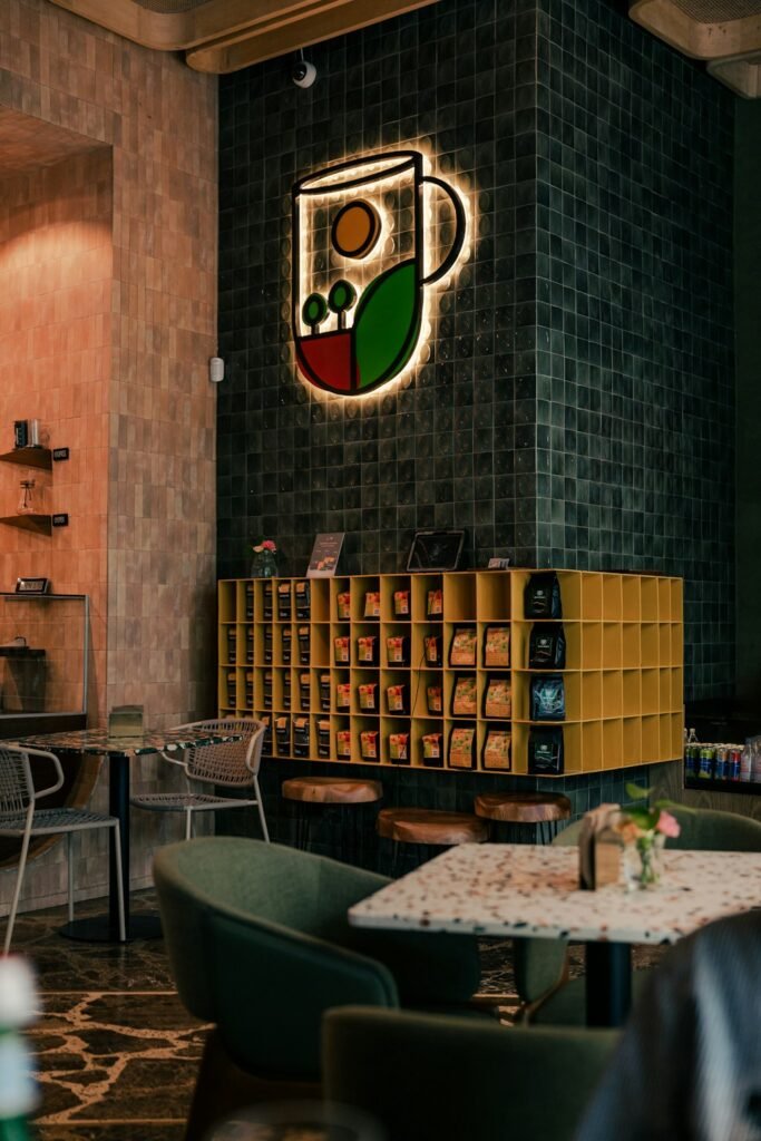 Cozy coffee shop interior with warm lighting